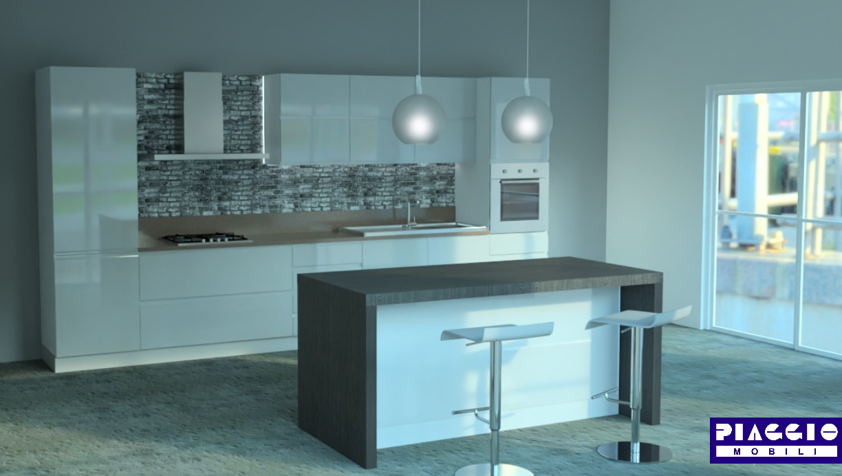 Cucina moderna Laccato bianco opaco, colonne vetro a Led